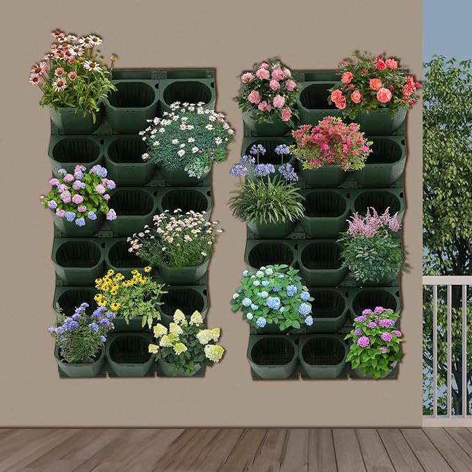 12Pieces 3-Pot Wall Planter Vertical Garden Plant Walls Wall Mounted Vertical Planter with Water-Storage Layer Stackable Wall-Mounted Flower Pot for Gardens, Balconies 180.78lbs Total Capacity (Green)-CasaMuseHome