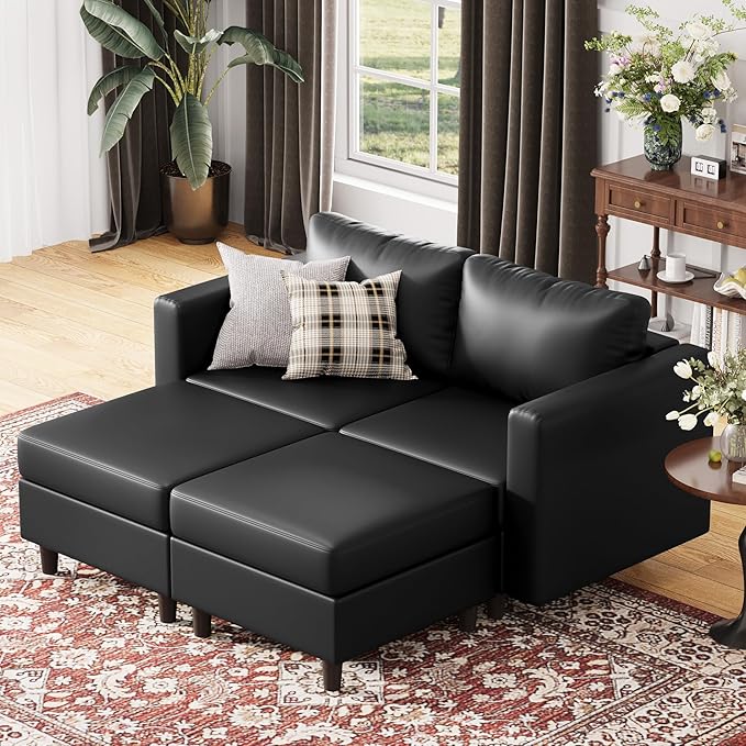 ABCASA 64.6" Faux Leather Loveseat Sleeper Sofa Bed with Storage Seat, Modern Modular Sectional Couch Deep Seat with Reversible Chaise 2-Seat Black for Apartment, Living Room, Bedroom-CasaMuseHome