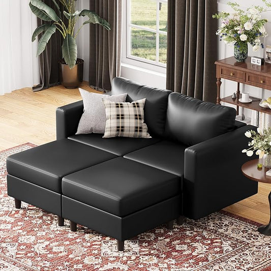 ABCASA 64.6" Faux Leather Loveseat Sleeper Sofa Bed with Storage Seat, Modern Modular Sectional Couch Deep Seat with Reversible Chaise 2-Seat Black for Apartment, Living Room, Bedroom-CasaMuseHome