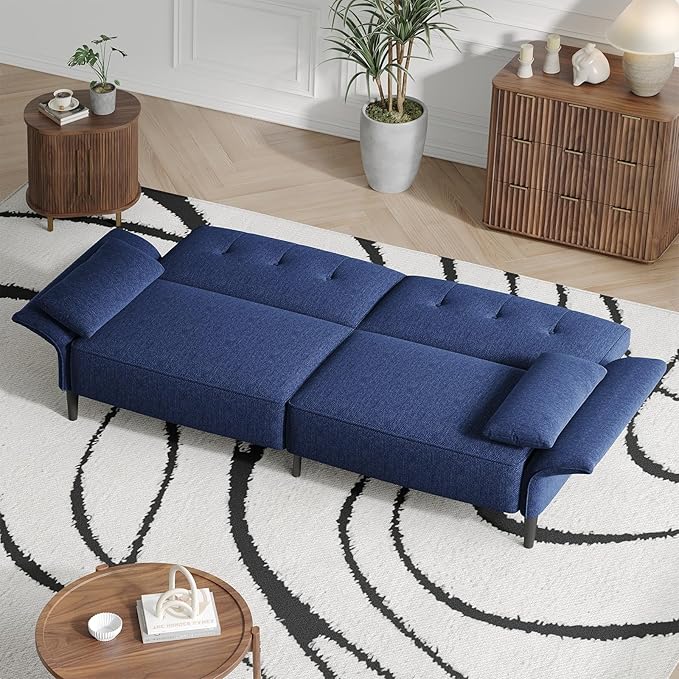 89” Futon Sofa Bed, Linen Comfy Futon Couch Bed with 2 Square Pillows, Convertible Sleeper Sofa with Adjustable Backrest& Armrests, Modern Loveseat Sleeper for Living Room, Bedroom, Blue-CasaMuseHome