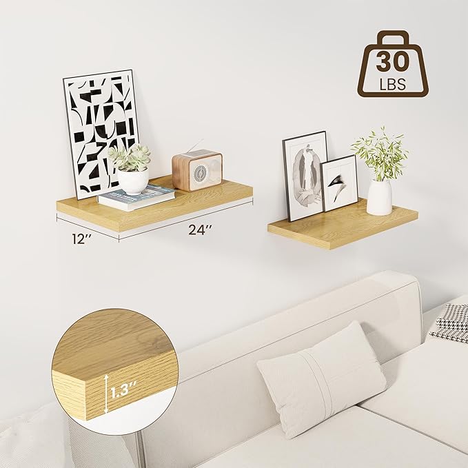 24" Floating Shelves for Wall, 12" Deep Slim Oak Floating Shelves, Wall-Mounted Shelves for Bedroom, Living Room, Kitchen, Bathroom - Set of 2-CasaMuseHome