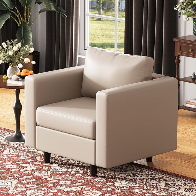 ABCASA Faux Leather Single Sofa, Modern Accent Chair Whitesand with Storage Deep Seat Large Reading Armchair for Living Room Bedroom Office-CasaMuseHome