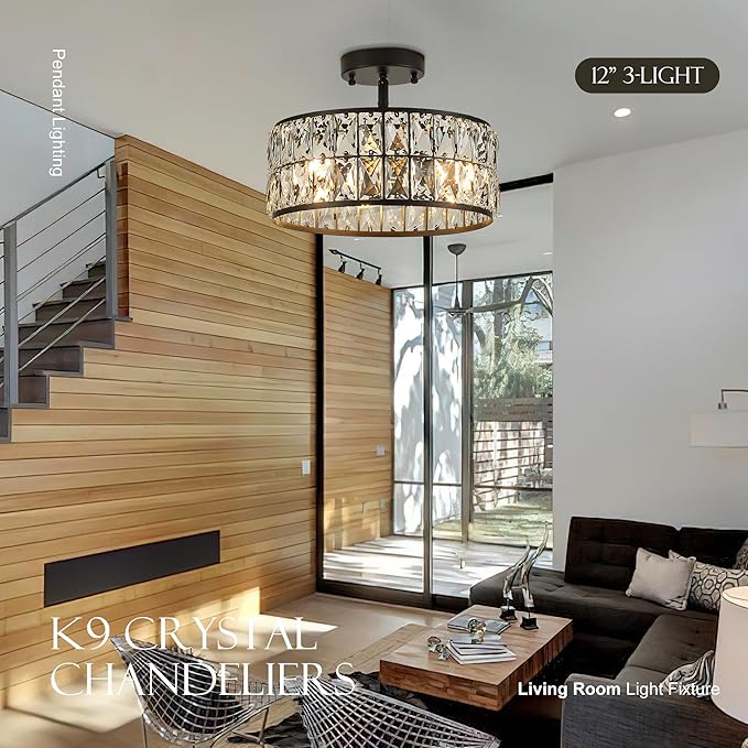 12” 3-Light Modern Crystal Chandeliers Black Dinning Room Light Fixture with Two Poles, Round Pendant Light Kitchen Island Chandelier, Flush Mount Ceiling Light for Living Room Entryway-CasaMuseHome