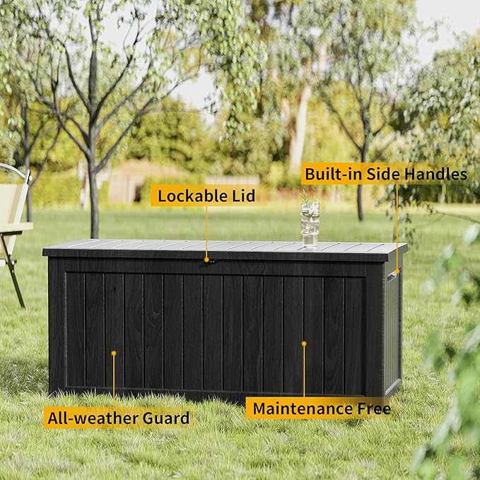 270 Gallon Outdoor Storage Box Patio Deck Box Waterproof, Resin Lockable Outside Large Storage Bin for Pool Cushion Furniture, Garden Tools UV-Resistant, Black-CasaMuseHome