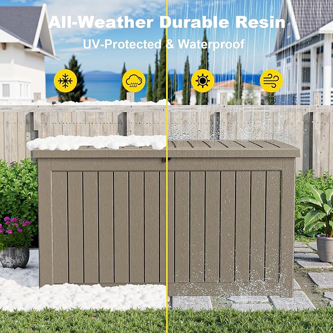 230 Gallon Outdoor Deck Box,Storage Lockable Waterproof Patio Furniture,Garden Tools,Cushions,Pool Accessories Outside Storage Resin Box(Grey)-CasaMuseHome