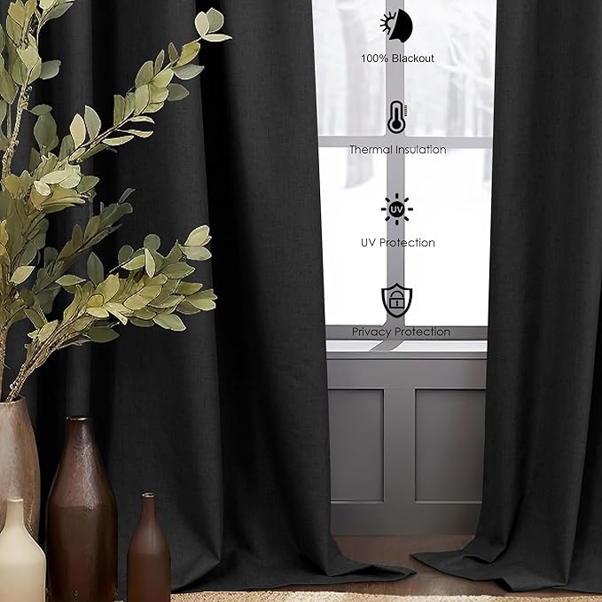 54 Inch Curtains Length 2 Panels Set 100% Blackout Modern Black Out Linen Drapes with White Back Tab Room Darkening Insulated Thermal Short Sundown Solar Curtains for Bedroom Noise Reducing Reduction-CasaMuseHome