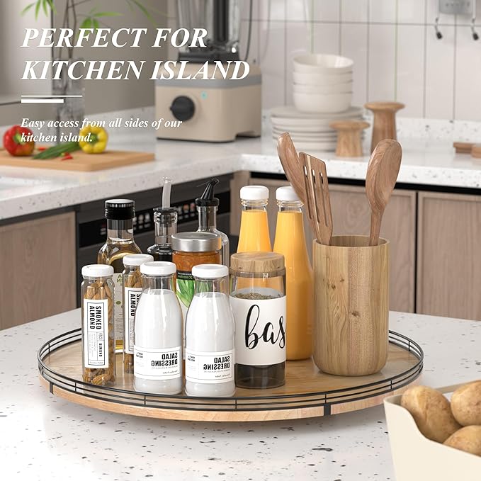 24" Lazy Susan Oak Wood Turntable Organizer for Cabinet, Farmhouse Round Wooden Large Lazy Susan Organization and Storage for Dining Table, Pantry, Kitchen, Countertop, Cupboard, Home Decor-CasaMuseHome