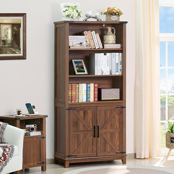 70in Tall Bookshelf 5 Tier Bookcase with Barn Doors and Adjustable Shelves, Brown Farmhouse Book Shelf with Storage Cabinet, Wood Freestanding Display Bookshelves for Bedroom, Kitchen (2PCS)-CasaMuseHome