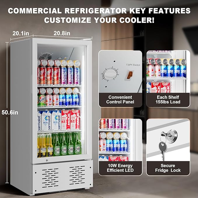 6.5 CUFT Commercial Beverage Refrigerator Glass Door Display Cooler Drink Beer Milk Fridge for Bar Restaurant Office-CasaMuseHome