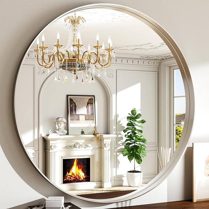 30 Inch Round Bathroom Mirror - Wall Mounted Circle Mirror with Metal Frame, Modern Mirror Suitable for Bathroom, Vanity, Entryway, Living Room, Wall Decor,Silver-CasaMuseHome