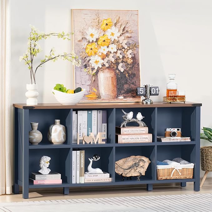 8 Cube Book Shelf, Farmhouse Wood Long Storage Organizer Bookcase, 62" Horizontal Navy Blue Console Closet Bookshelf, Hallway TV Stand for Entryway, Display Cabinet Book Case for Living Room-CasaMuseHome