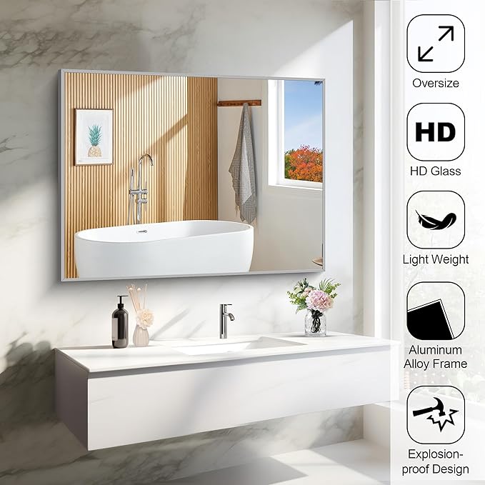 30x40In Silver Bathroom Mirror for Wall, Brushed Nickel Rectangle Mirrors with Metal Frame, Bathroom Rectangular Mirror Modern Wall Mirror for Bedroom Living Room, Hangs Horizontal or Vertical-CasaMuseHome