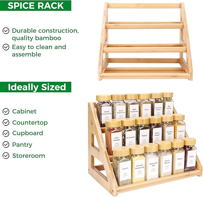 3-Tier Natural Bamboo Spice Rack Organizer - for Kitchen Cabinets, Countertops & Pantries - Space-Saving Tiered Shelf-CasaMuseHome