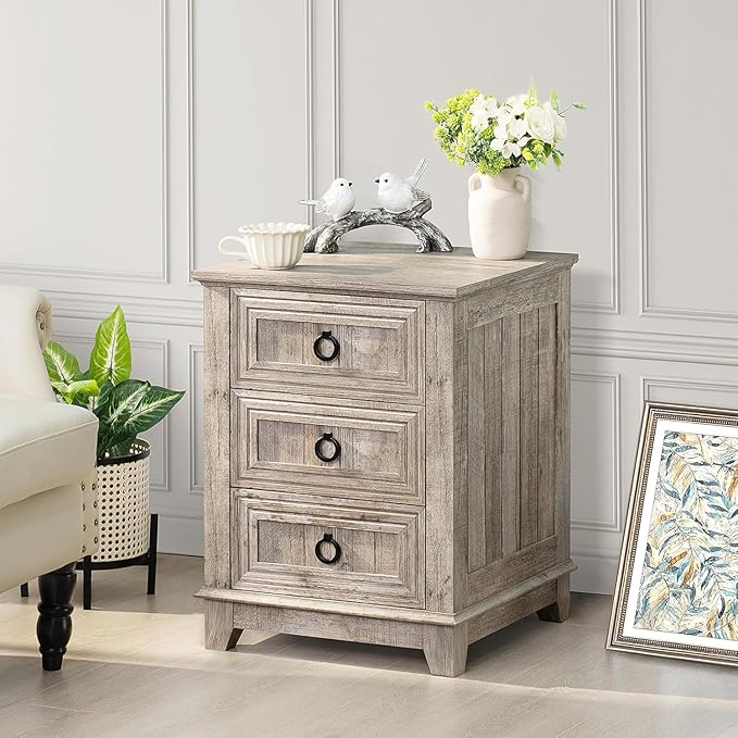 18" Farmhouse Night Stands Set of 2 with Charging Station, 2 & 3 Drawers End Table Dresser for Bedroom, Oak Wooden Nightstand, Bed Side Table with Open Shelf, Bedside Cabinet for Living Room-CasaMuseHome