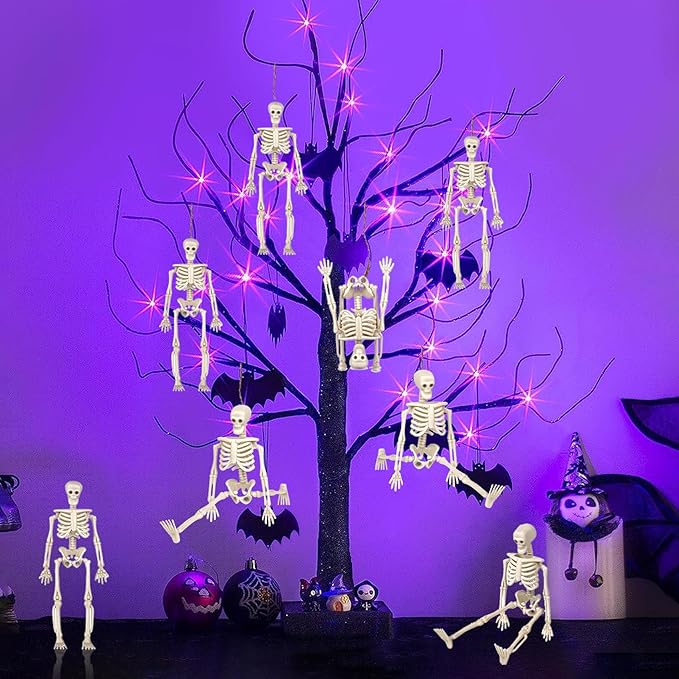 24 Pcs mini skeleton halloween decoration With hemp rope，6”small plastic posable halloween tiny skeleton figurines decor for Halloween Indoor Outdoor Graveyard Decor Haunted House Party Favors-CasaMuseHome