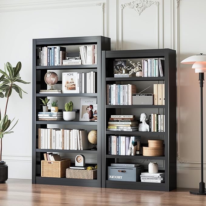 5 Tier Adjustable Black Bookcase, Metal Small Bookshelves and Bookcases, 61" H Display Modern Bookshelf for Living Rooms, Bedrooms, Home Offices, 10 Minutes Assemble-CasaMuseHome