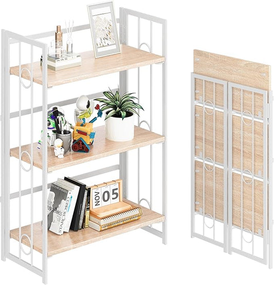 4NM No Assembly 3 Tiers Folding Bookshelf, 35" H Foldable Storage Shelves Vintage Bookcase Standing Racks Study Organizer Home Office - Natural White-CasaMuseHome