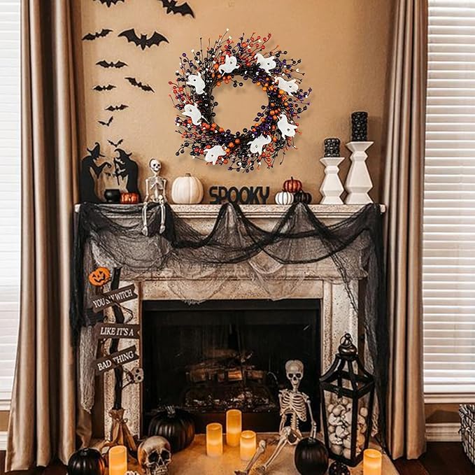 20-Inch Halloween Wreath - Handmade Orange & Black Berry Wreath with Adorable Mini Ghosts, Spooky Front Door Decor for Halloween Party-CasaMuseHome