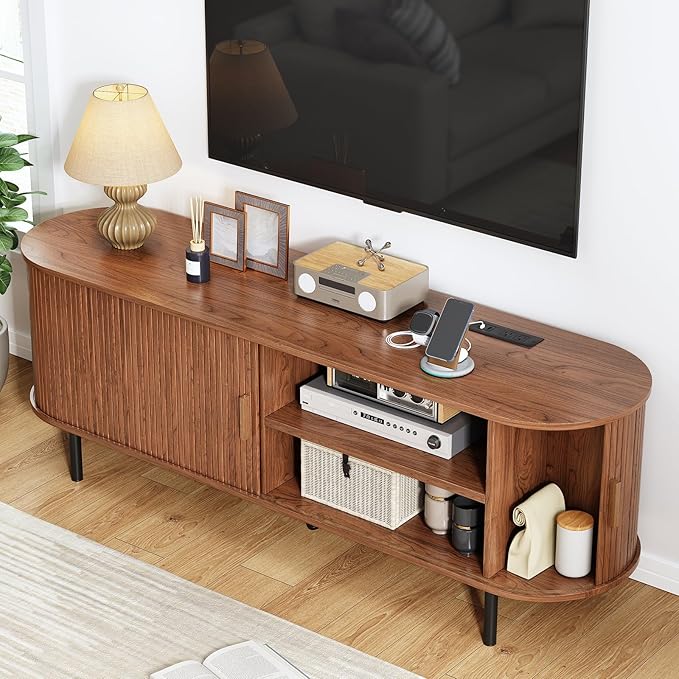 63" TV Stand with Power Outlet, Modern Media Console with Sliding Doors, Entertainment Center for TVs up to 60 Inch, Adjustable Shelves, Walnut-CasaMuseHome