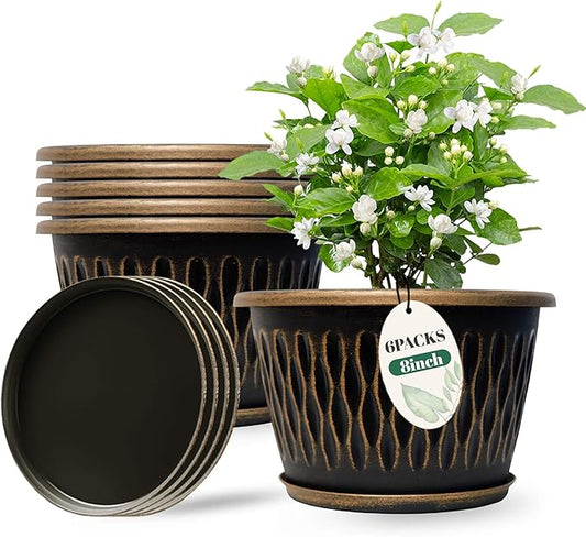 6 Pack 8 Inch Retro Plant Pots, Vintage Striped Flower Pots with Drainage Hole & Saucer, Large Plastic Planters for Indoor and Outdoor Plants, Decorative Garden Pots(Gold)-CasaMuseHome