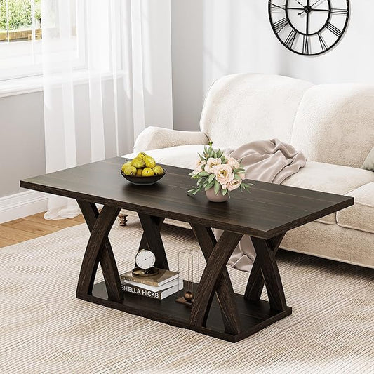 47” Wood Coffee Tables for Living Room Rustic Stands with Storage Shelf Brown Coffee Tables for Living Room. Farmhouse Center Stands with Shelf Farmhouse Rectangle Center Table-CasaMuseHome