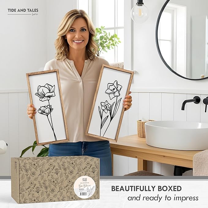 3D Black and White Wall Art (Set of 2) Lightweight, Wooden Ready-to-Hang Framed Floral Wall Art for Bathroom, Bedroom, Living Room or Office – Boho Botanical Farmhouse Decor – Gift-Boxed-CasaMuseHome