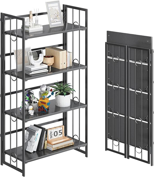 4NM No Assembly 4 Tiers Folding Bookshelf, 47.2" H Foldable Storage Shelves Vintage Bookcase Standing Racks Study Organizer Home Office - All Black-CasaMuseHome