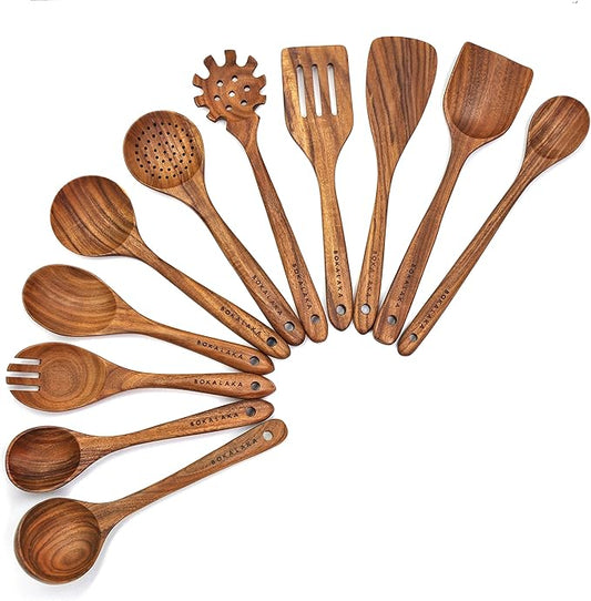 11 Pcs Wooden Kitchen Utensils Set - Wooden Spoons, Spatulas and More for Cooking-CasaMuseHome
