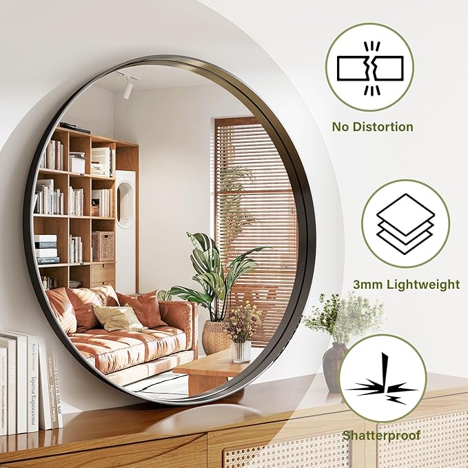 36 Inch Round Bathroom Mirror - Wall Mounted Circle Mirror with Metal Frame, Modern Mirror Suitable for Bathroom, Vanity, Entryway, Living Room, Wall Decor,Black-CasaMuseHome