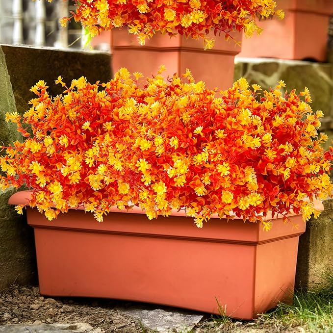 12 Bundles Artificial Fall Flowers No Fade Faux Autumn Plants, Fake Indoor Outdoor Greenery Decorations for Thanksgiving Christmas Wedding Party Home Garden Fireplace Décor (Fall Orange)-CasaMuseHome