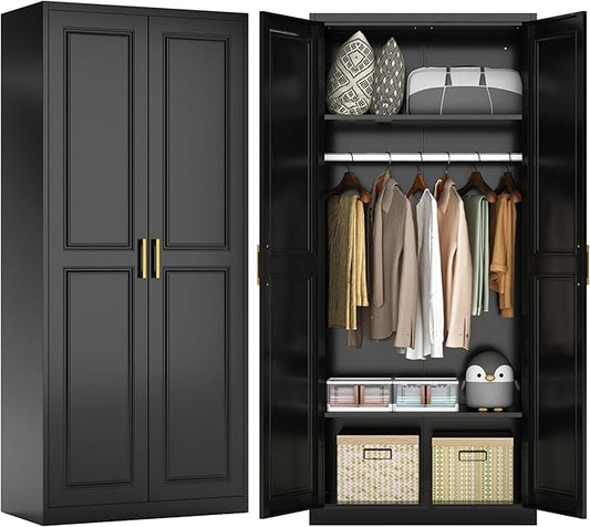 71" Metal Armoire Wardrobe Closet with 2 Doors, Tall Wardrobe Cabinet with Hanging Rod and Adjustable Shelves, Black Clothing Storage Cabinets for Bedroom, Laundry Room, Home Office-CasaMuseHome