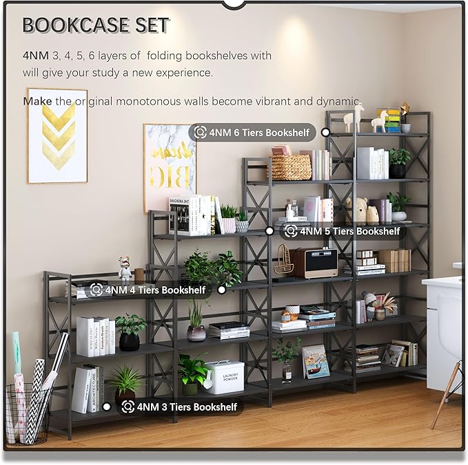 4NM 6 Tiers No Assembly Book Shelves, 61.8" H Folding Bookshelf Bookcase Open Industrial Foldable Shelves for Bedroom, Living Room, Home Office - All Black-CasaMuseHome