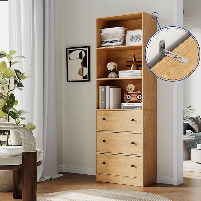 71" Tall Bookshelf with Storage, Bookcase with Drawers, Farmhouse Wooden Corner Book Shelves, Mid Century Modern Book Shelf Wall Standing Home Decor Furniture for Living Room, Bedroom, Office, Kitchen-CasaMuseHome