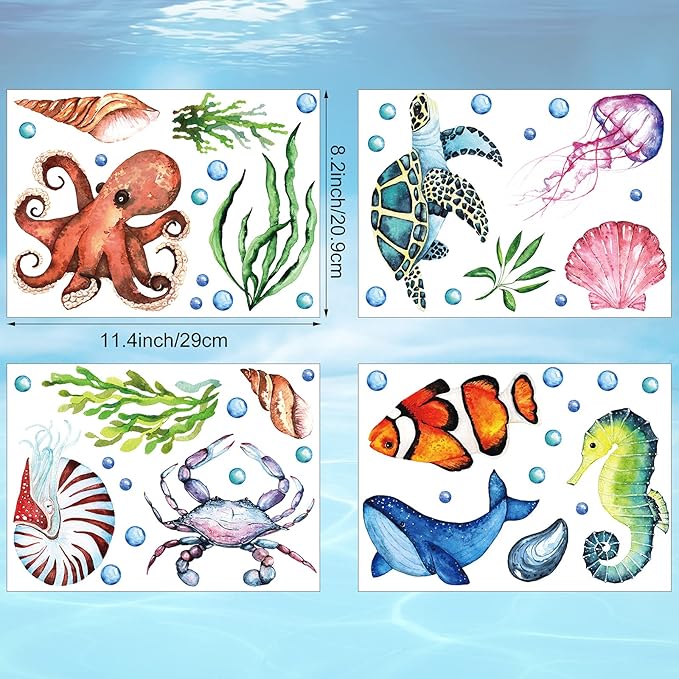 52 Pcs Ocean Fish Wall Decals Glow in The Dark Under The Sea Wall Decals Sea Animals Stickers Removable Waterproof Peel and Stick for Kids Bathroom Watercolor Ocean Decor(Funny Style)-CasaMuseHome