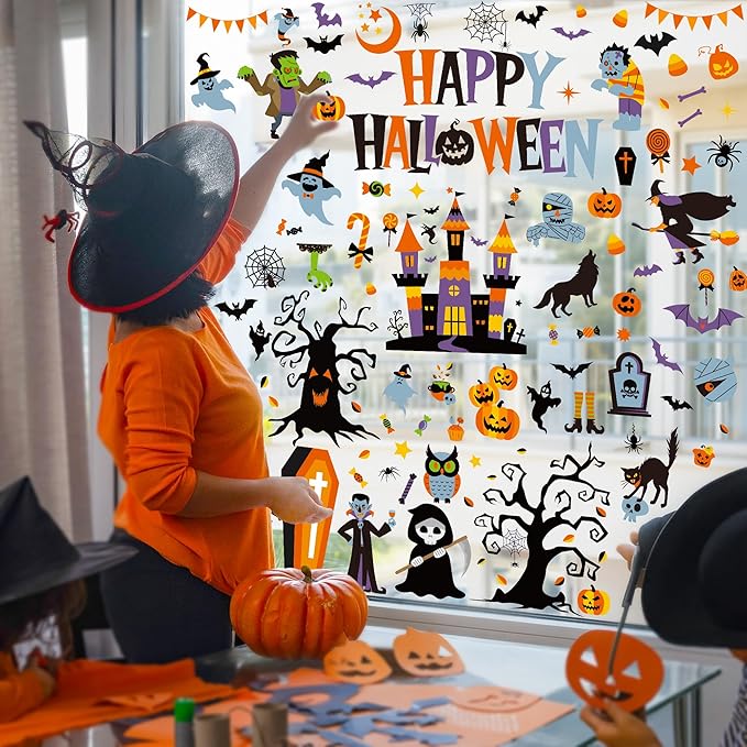 115PCS Halloween Window Clings, 9 Sheets Halloween Decorations, Cute Witch Tree Zombie Ghost Patterns PVC Window Stickers for Treat or Trick Party Favors Decal Supplies Decor Accessories-CasaMuseHome