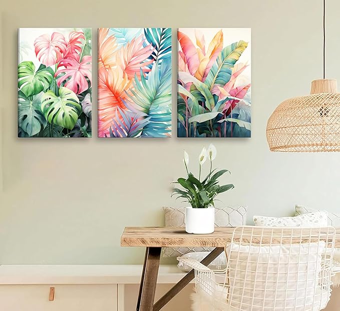 3pcs Framed Tropical Botanical Canvas Wall Art Monstera Leaves Posters Botanical Prints Bohemian style Wall Decor Pictures Palm Leaves Paintings for Bathroom living room Decoration-CasaMuseHome