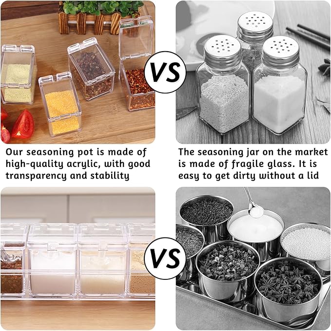 4 PCS Seasoning Box, Clear Spice Containers with Spoon, Acrylic Toppings Containers with Lids, Kitchen Multi Spice Box for Salt, Sugar, Pepper, Garlic Powder-CasaMuseHome