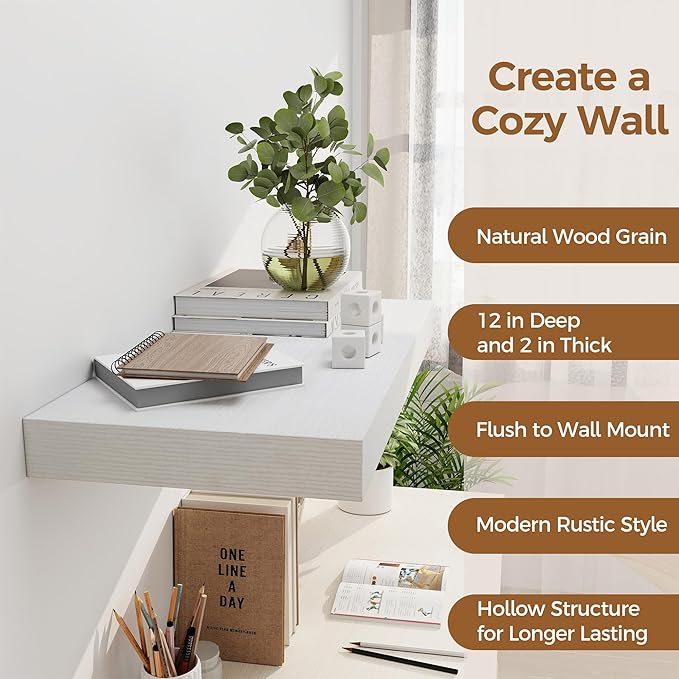 12 Inch Deep White Floating Shelves, 24 x 12 Floating Shelf for Books, Rustic Wood Deep Wall Shelves for Home Storage & Display, 2" Thicked Shelves for Kitchen, Living Room, Bedroom, 2 Pack-CasaMuseHome