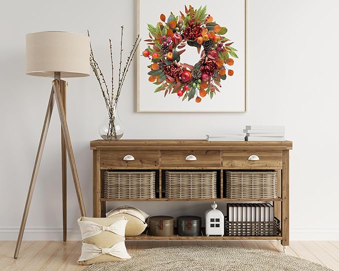 22 Inch Fall Chrysanthemum Wreath Harvest Floral Wreath with Apples Pinecones Berries and Eucalyptus Maple Leaves for Fall Thanksgiving Halloween Mantel Table Outdoor Front Door Wall Window-CasaMuseHome