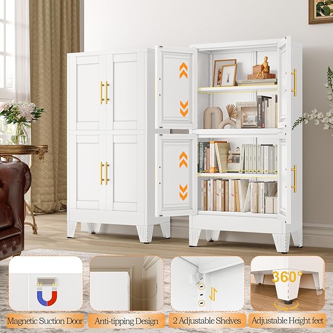 47.25" Metal Pantry Cabinet, Storage Cabinets with 4 Door and 2 Adjustable Shelves, White Bathroom Cabinet, Freestanding Cupboard for Kitchen Dining Living Room Bathroom-CasaMuseHome