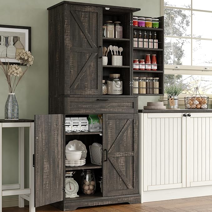 72'' Kitchen Storage Pantry Cabinet, Tall Storage Cabinet with 8 Door Shelves, 2 Cabinets and 1 Drawer, Freestanding Cupboard for Kitchen, Dining Room, Bathroom, Laundry, Living Room, Dark Rustic Oak-CasaMuseHome