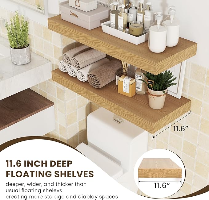 12 Inch Deep Floating Shelves | 30W x 12D Rustic Floating Shelves for Wall Set of 2 | Oak Shelves for Living Room Bathroom Laundry Room Bedroom Kitchen Home Office - Oak-CasaMuseHome