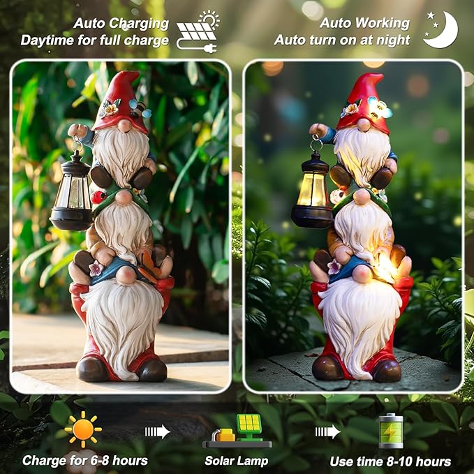 17 in Large Garden Gnome Statue with Solar Lights Sculptures Funny Triple Big Gnome Outdoor Patio Lawn Yard Balcony Garden Home Decor Gifts for Women Mom-CasaMuseHome