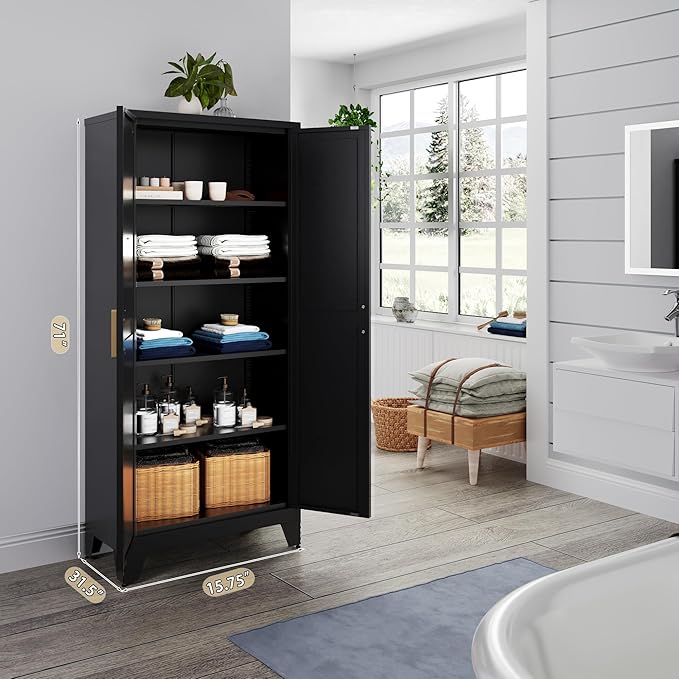 71'' Farmhouse Metal Storage Cabinet with Barn Doors,Steel File Cabinet for Home Office,Kitchen Pantry 4 Adjustable Shelves,Freestanding Cupboard for Kitchen,Home Office (Black)-CasaMuseHome