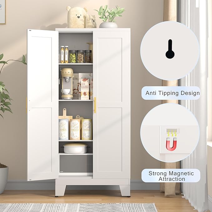 61.02" Pantry Cabinet, Kitchen Pantry Storage Cabinets with Adjustable Shelves and Feet, White Pantry Storage Cabinet for Kitchen, Dining Room, Living Room and Bathroom (White) Metal-CasaMuseHome