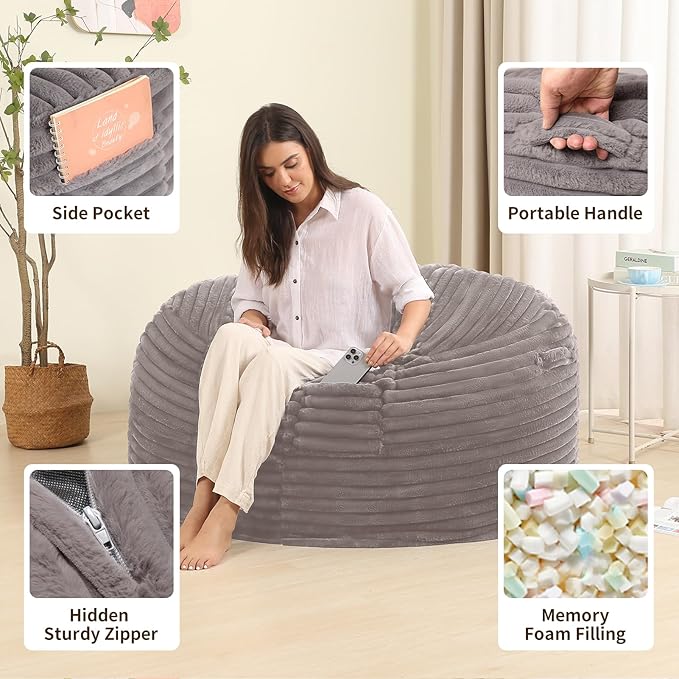 4FT Memory Foam Bean Bag Chair for Adults/Teens, Bean Bag Sofa with Fluffy Removable Cover, for Living Room Bedroom, Grey-CasaMuseHome