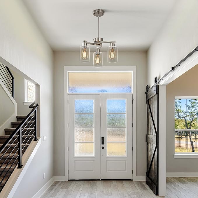 3-Light Brushed Nickel Pendant Lighting for Kitchen Island, Hanging Dining Room Light Fixtures Over Table, Industrial Chandelier for Entryway Hallway Foyer Bedroom, Clear Glass Shade-CasaMuseHome