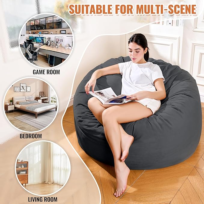 4FT Bean Bag Chair: Bean Bag with Velvet Cover, Fluffy and Comfy Bean Bag Chairs for Adults and Kids, Bean Bag Sofa Filled with High-Density Sponge for Gaming (Black)-CasaMuseHome