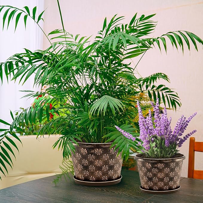 8 Inch Planter Pots for Plants, Plastic Flower Pots Indoor Outdoor, 5 Pack Resin Plant Pot with Drainage & Saucer, Retro Decorative Garden Pot with Removable Trays for House-CasaMuseHome