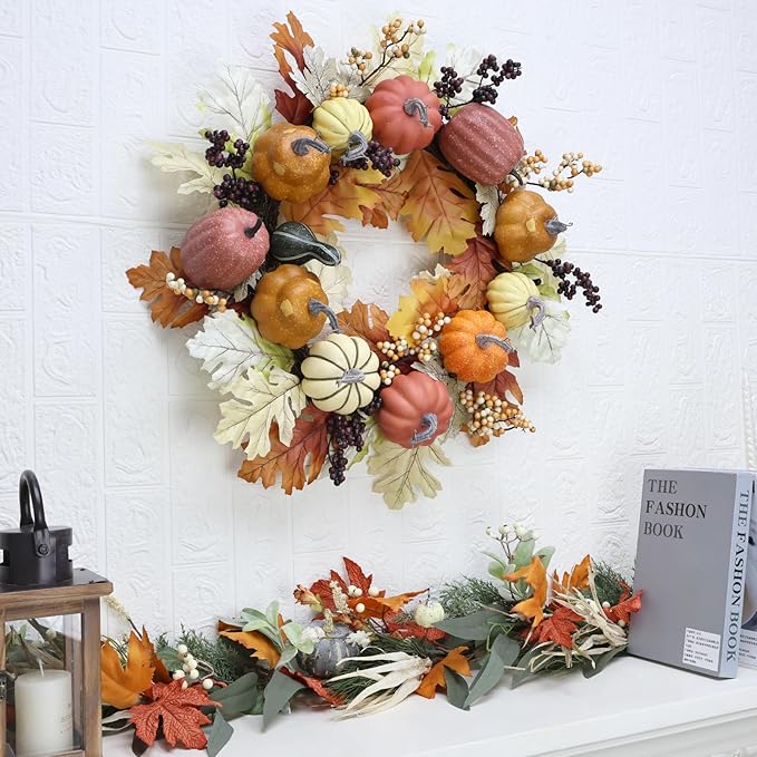 24 inch Fall Wreaths for Front Door Outside Autumn Wreath Fall Decorations for Home Decor Pumpkin Wreath for Farmhouse Holiday Thanksgiving Harvest Halloween Outdoor Indoors Fall Front Porch-CasaMuseHome
